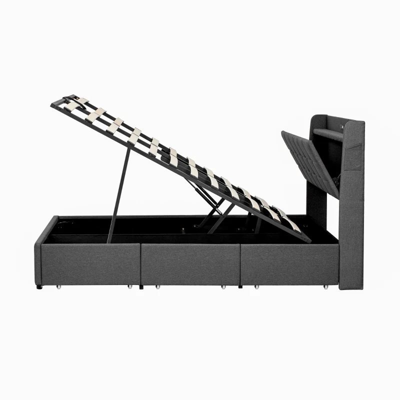 King Bed Frame with Hydraulic Storage and LED Night Light, Linen Upholstered Bed Ideal for Modern Elegance, 202L x 153W x 113H cm, Grey