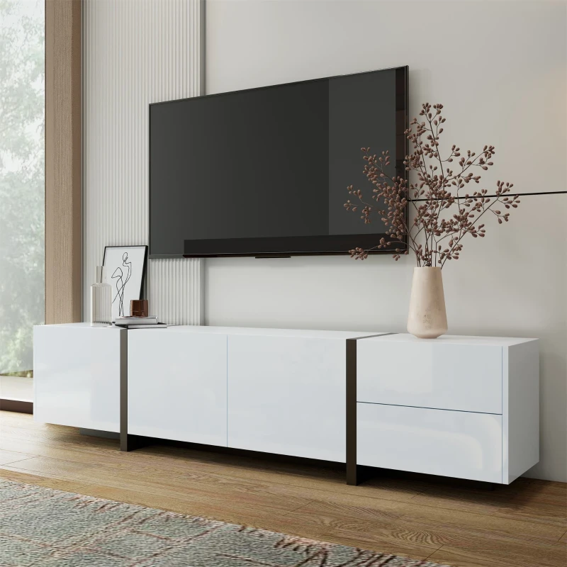 High-Gloss Black and White TV Cabinet with 3 Doors, Ample Storage, Modern TV Stand for Living Room, 170L x 29.5W x 40H cm, Black+White