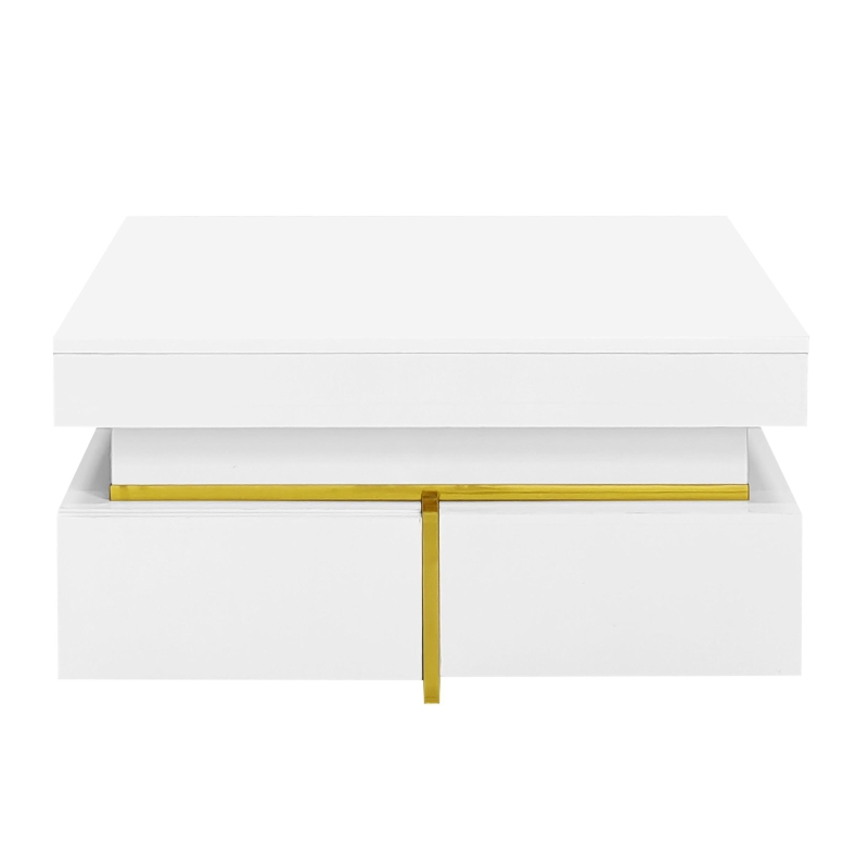 High-Gloss Coffee Table with Gold Accents and Drawers, Tea Table Perfect for Living Rooms and Apartments, 70L x 70W x 35.5H cm, White