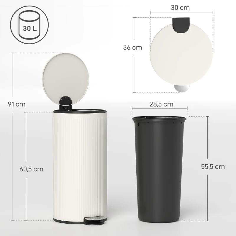 HOMCOM Poubelle de Cuisine 30L avec Pédale et Couvercle à Fermeture Douce, Poubelle Amovible pour Chambre Bureau Étude Salon Crème