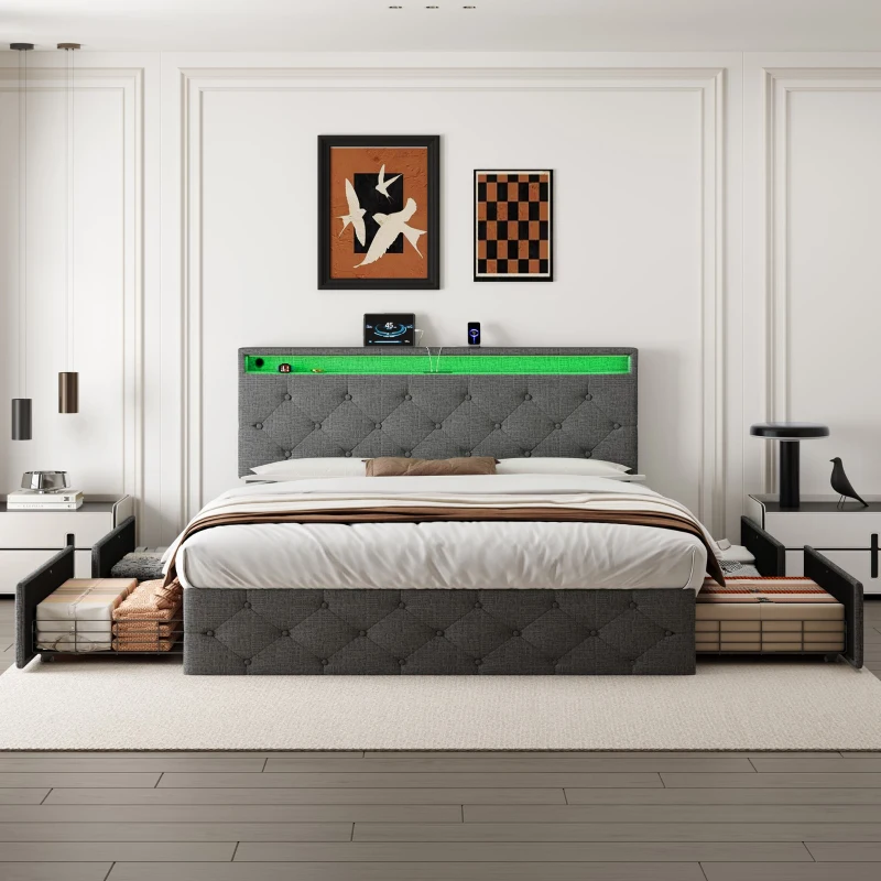 Double Upholstered Bed with Storage Drawers, Adjustable Button Tufted Design, Headboard for Modern Elegance, 200L x 142W x 109H cm, Grey