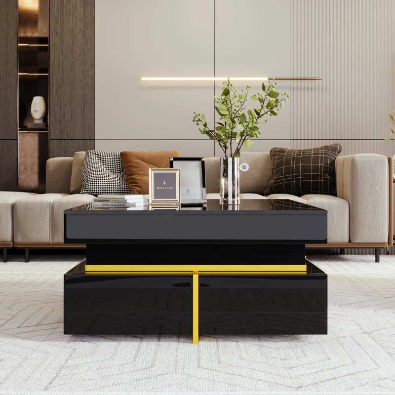 High-Gloss Coffee Table with Gold Accents, Drawers and Practical Storage, Side Table Ideal for Modern Elegance, 70L x 70W x 35.5H cm, Black