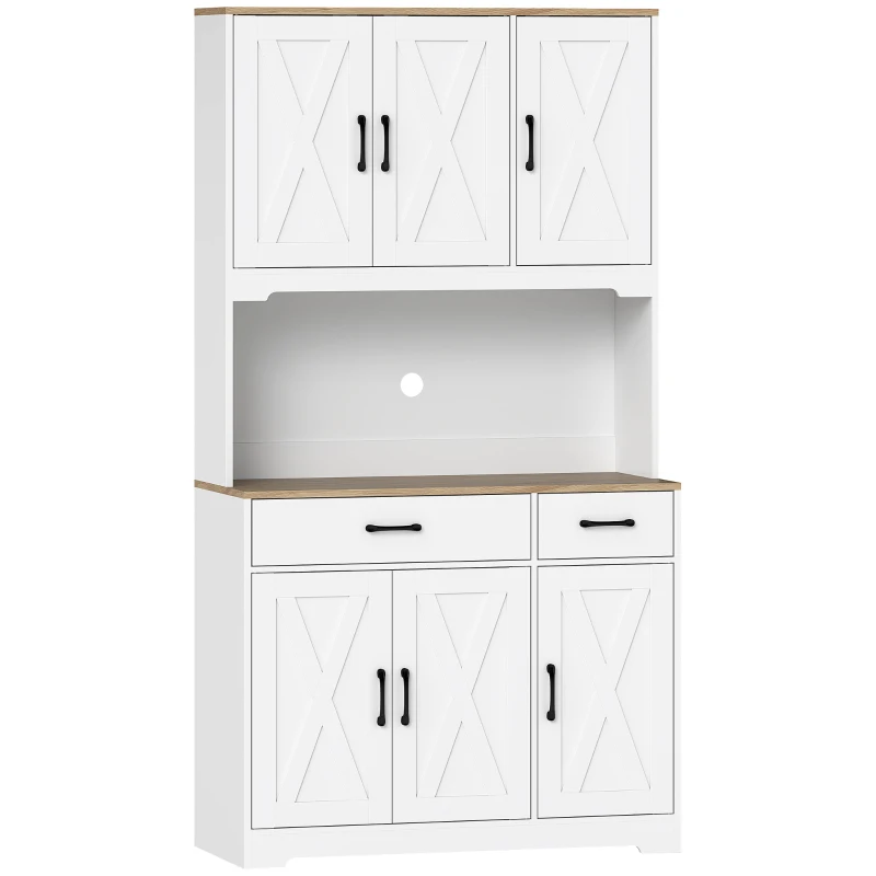 HOMCOM Alacena de Cocina con 6 Puertas Encimera para Microondas 2 Cajones Estantes Ajustables Orificio para Cable Blanco