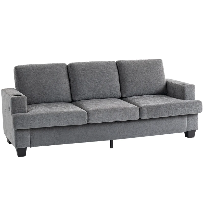 HOMCOM 3 Seater Sofa with USB Ports & Cup Holders - Grey