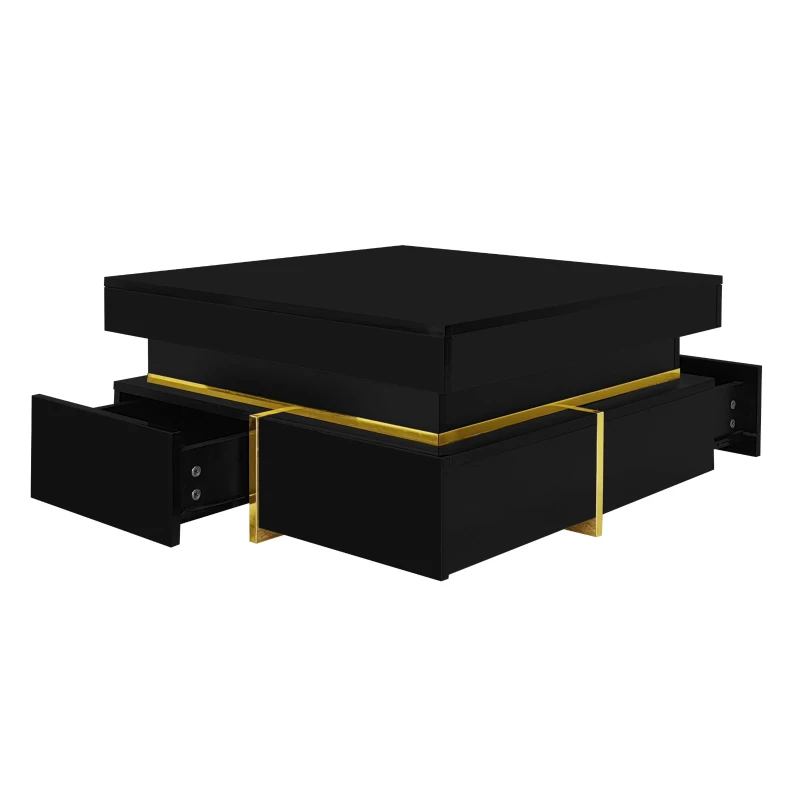 High-Gloss Coffee Table with Gold Accents, Drawers and Practical Storage, Side Table Ideal for Modern Elegance, 70L x 70W x 35.5H cm, Black