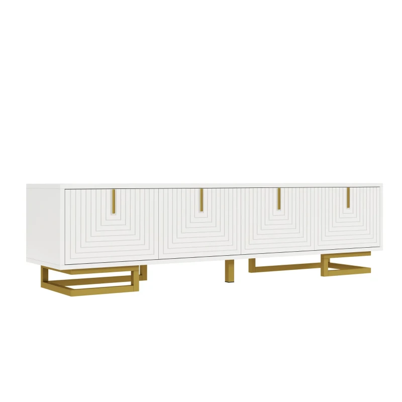 Elegant TV Cabinet with Textured Doors, Golden Handles, Adjustable Feet, Modern TV Stand for Living Room, 160L x 38W x 44.5H cm, White