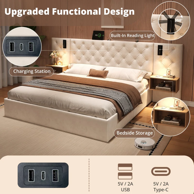 King Bed Frame with Charging Station and Reading Light, Upholstered Bed with Button Tufted Headboard, 207L x 237W x 108H cm, Beige