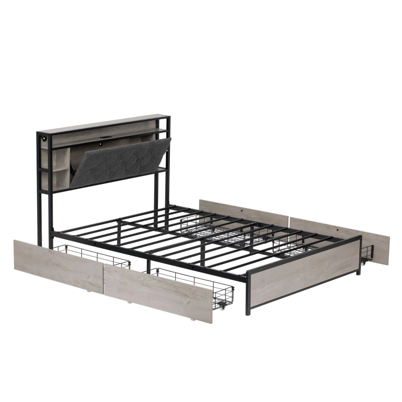 Double Bed Frame with Drawers and RGB LED Lighting, Headboard with Type-C and USB Ports, 207L x 138W x 101H cm, Grey+Rustic Brown