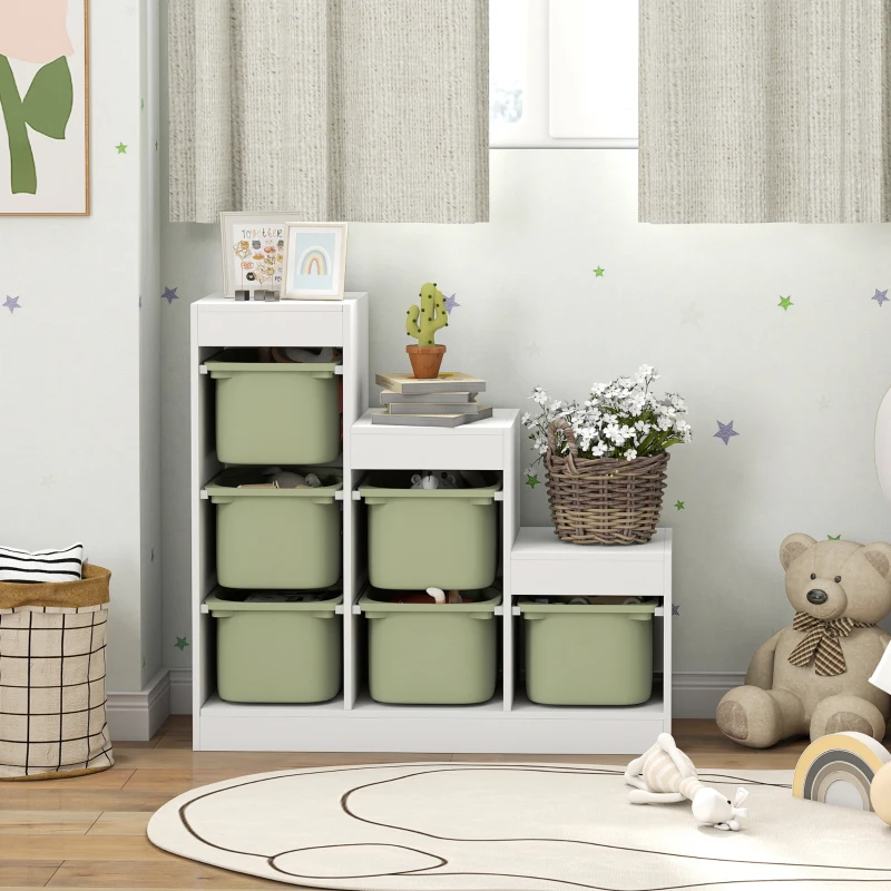 AIYAPLAY Mueble de almacenamiento para juguetes de niños con 6 contenedores extraíbles, 3 niveles de almacenamiento, 96 x 38,5 x 90, verde