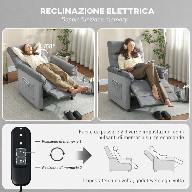 HOMCOM Poltrona Reclinabile con 8 Punti Massaggio e 5 Modalità, Poggiapiedi, Riscaldamento, Tessuto Vellutato, Grigio