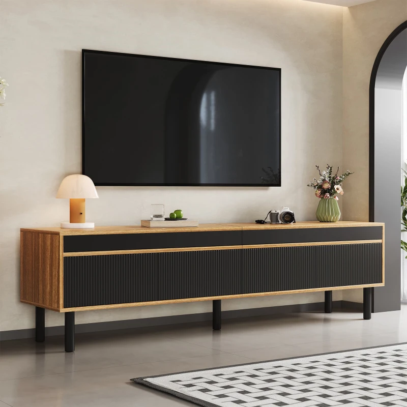 Elegant TV Cabinet with 4 Doors, Striped Design and Wooden Legs, Media Cabinet for Modern Homes, 170L x 38W x 47H cm, Black+Natural
