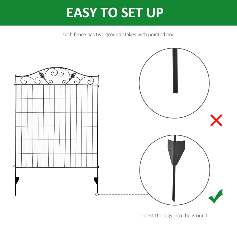 Outsunny Set of 2 Decorative Garden Fence, 8 Panels Metal Picket Fence, Versatile Shapes for Patio Lawn, 365cm x 112cm, Black