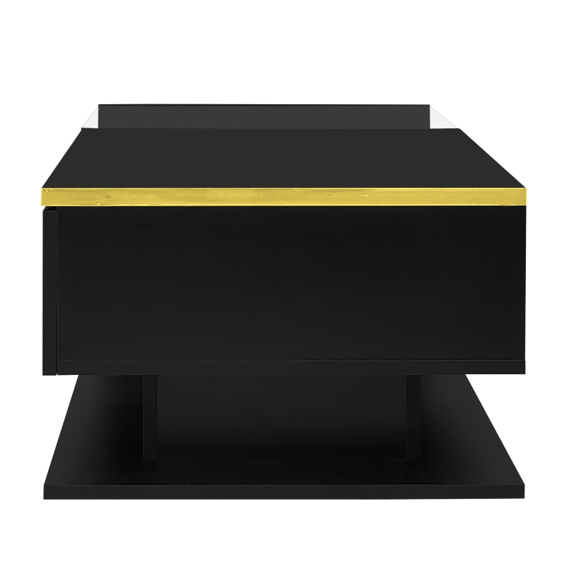 High-Gloss Black Coffee Table with Tempered Glass Top and LED Lighting, Tea Table Perfect for Modern Elegance, 90L x 50W x 32.5H cm, Black