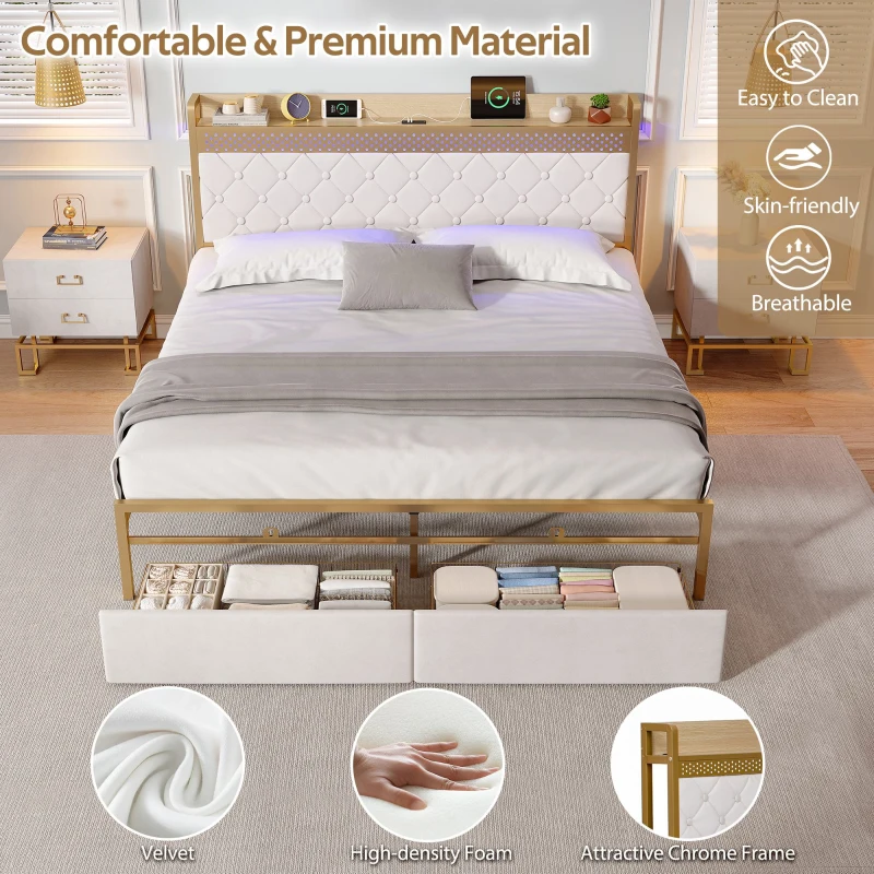Double Bed Frame with Storage Drawers, RGB LED Headboard, Modern Bed Base for Living Rooms, 207L x 138W x 100H cm, Beige+Chrome