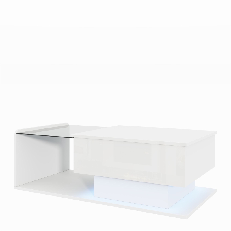 High-Gloss Coffee Table with Adjustable Height and LED Lighting, Tea Table with Tempered Glass Top for Living Room, 100L x 50W x 33H cm, White
