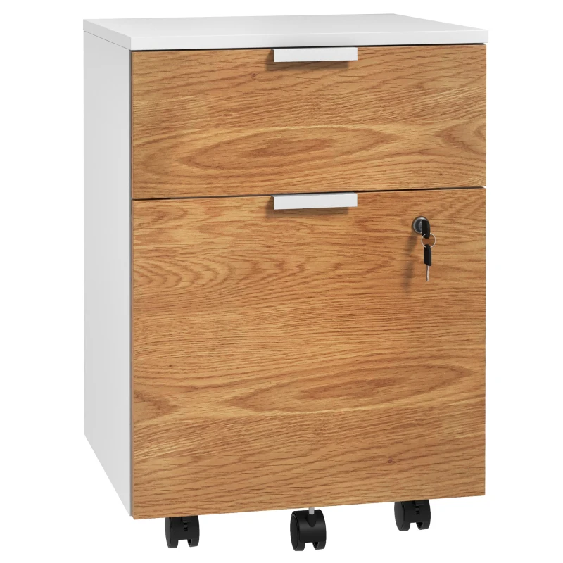 HOMCOM Bloco de Gavetas para Escritório com 5 Rodas 2 Gavetas 2 Barras para Pastas A4 Fechadura e 2 Chaves 42x40x60 cm Natural