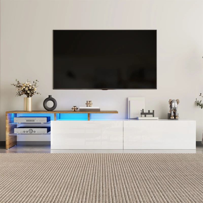 Modern TV Cabinet with Glass Shelves and LED Lighting, High-Gloss Media Cabinet for Living Room, 170L x 33W x 33.5H cm, White+Wood