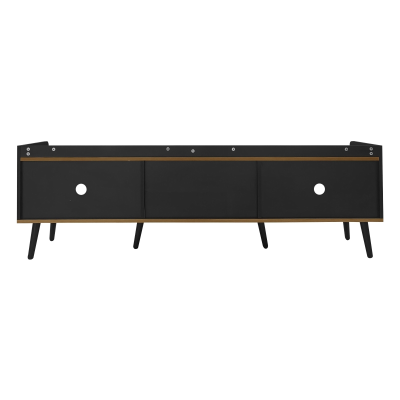 3 Doors TV Cabinet with Raised Edge and Wooden Legs, Media Cabinet for Modern Homes with Children, 160L x 39W x 49.5H cm, Black
