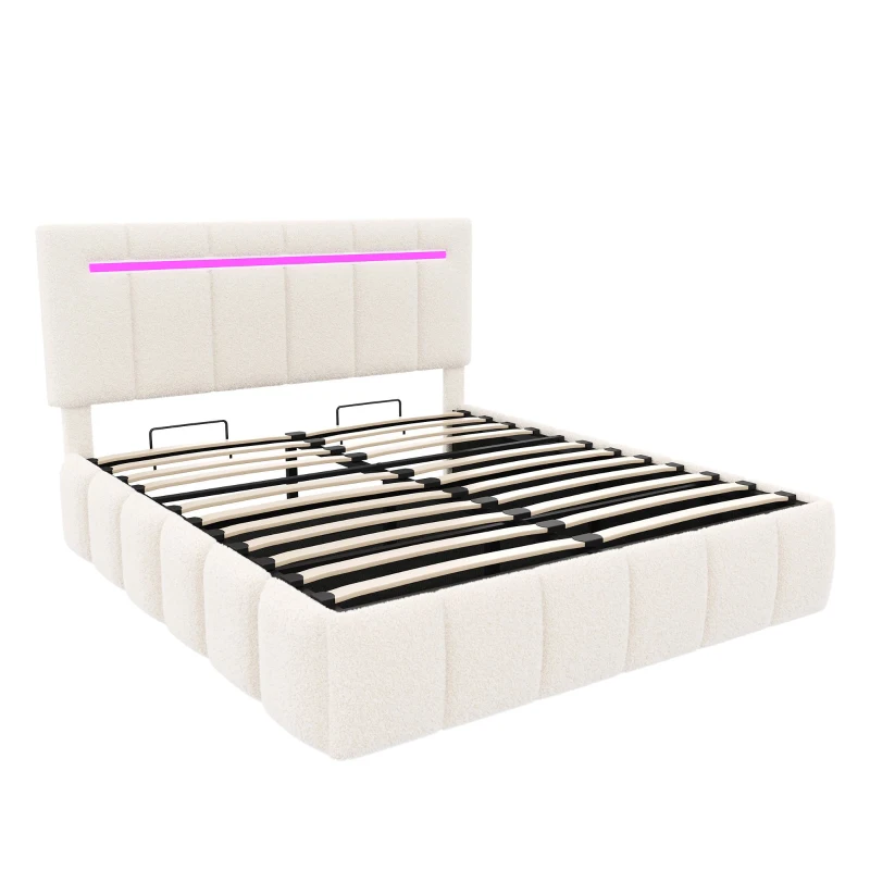 Double Upholstered Bed Frame with Hydraulic Storage and Charging Station, LED Headboard for Modern Homes, 193L x 144W x 116H cm, Beige