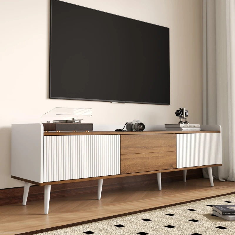3 Doors TV Cabinet with Raised Edge and Wooden Legs, Media Cabinet for Modern Homes with Children, 160L x 39W x 49.5H cm, White