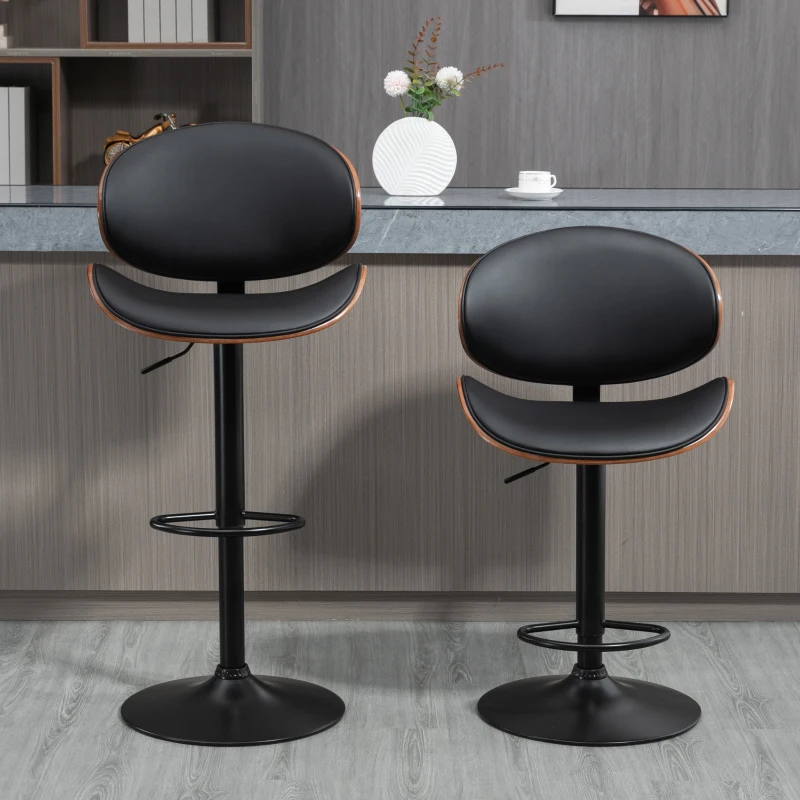 HOMCOM Set 2 Sgabelli da Bar con Schienale Regolabili in Altezza, Legno e Finta Pelle, 53x52x92-112 cm, Nero