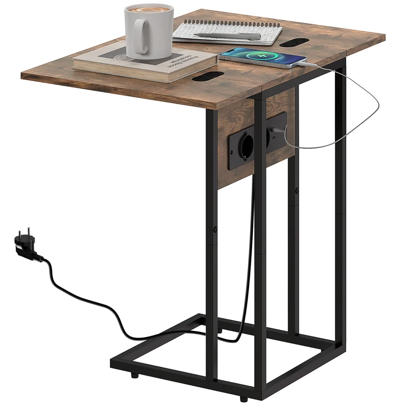 HOMCOM Table d'appoint bout de canapé avec station de charge, plateau pliable, 39 x 29 x 57 cm, brun rustique et noir