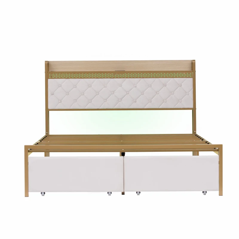 Double Bed Frame with Storage Drawers, RGB LED Headboard, Modern Bed Base for Living Rooms, 207L x 138W x 100H cm, Beige+Chrome