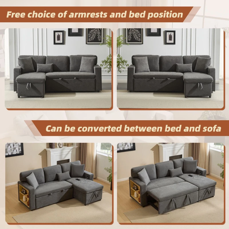 L-Shaped Corner Sofa Bed with Extendable Bed Box, Oxford Fabric Daybed with Integrated Shelf and USB Port, 214L x 131W x 87H cm, Dark Gray