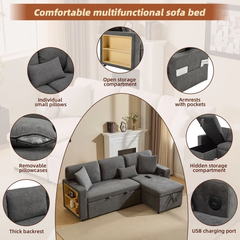 L-Shaped Corner Sofa Bed with Extendable Bed Box, Oxford Fabric Daybed with Integrated Shelf and USB Port, 214L x 131W x 87H cm, Dark Gray