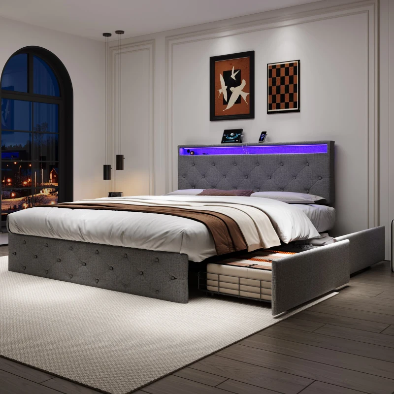 Double Upholstered Bed with Storage Drawers, Adjustable Button Tufted Design, Headboard for Modern Elegance, 200L x 142W x 109H cm, Grey