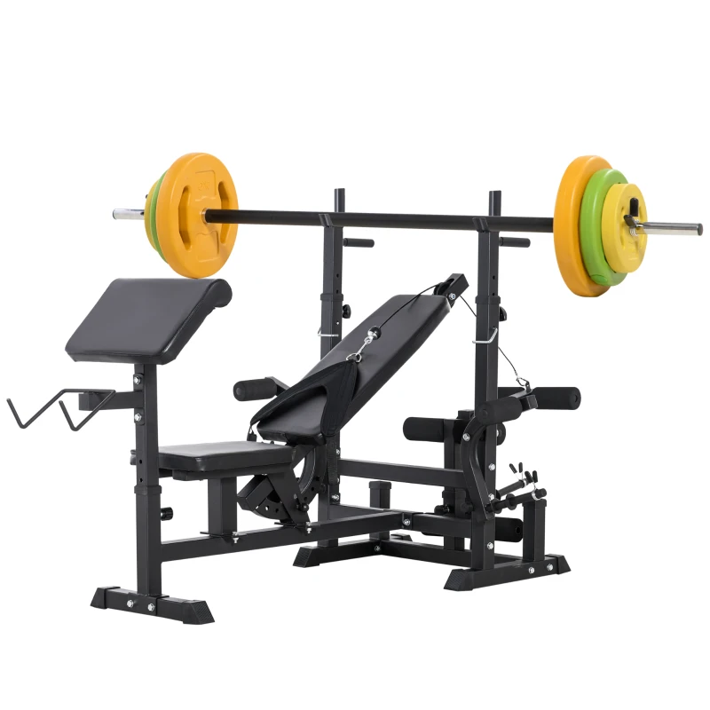 HOMCOM Weight Bench with Adjustable Barbell Rack, Leg Extension, Preacher Curl Pad and 20kg Barbell Set