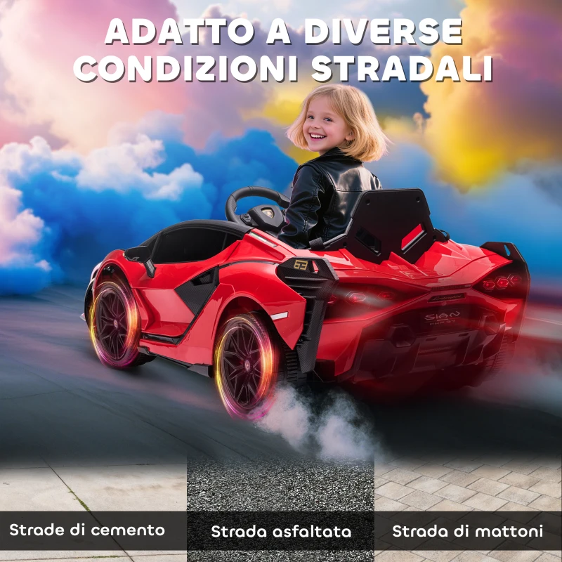 HOMCOM Macchina Elettrica per Bambini 3-5 Anni 12V Lamborghini SIAN, 3-5km/h Auto Elettrica per Bambini con 2 Motori, Fari e Musica, Telecomando, Cintura e Clacson, Rosso