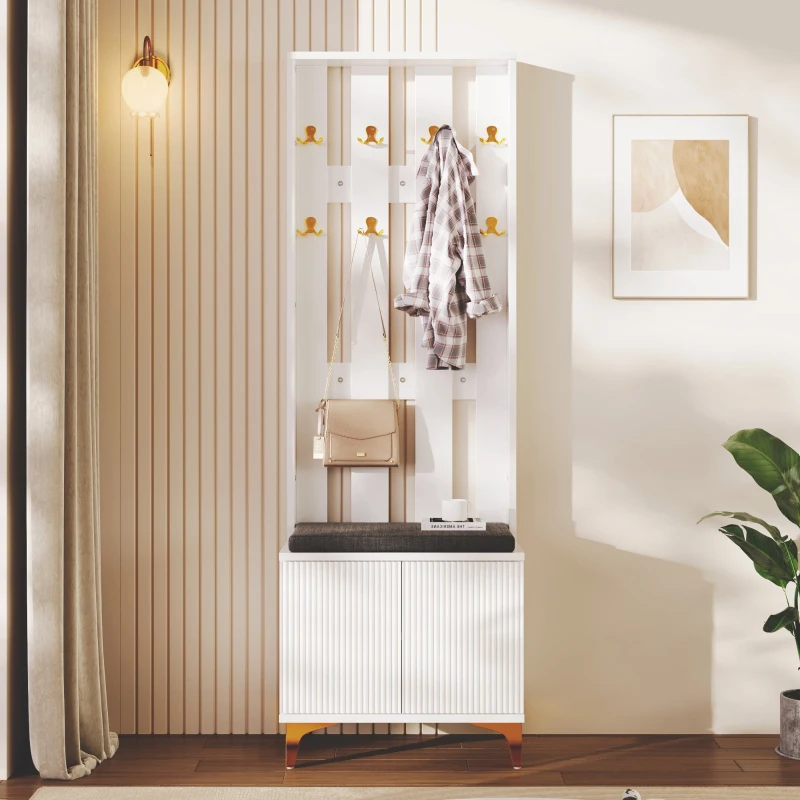 Elegant Wardrobe Set with Shoe Bench and Cushion, Adjustable Shelves, Closet Set Perfect for Entryway, 60.5L x 35W x 60.5H cm, White