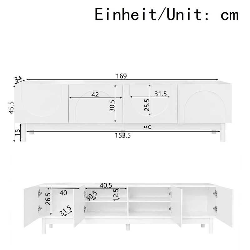 Elegant TV Cabinet with Curved Doors, Adjustable Shelves and Solid Wood Legs, TV Stand for Living Rooms, 169L x 34W x 45.5H cm, White