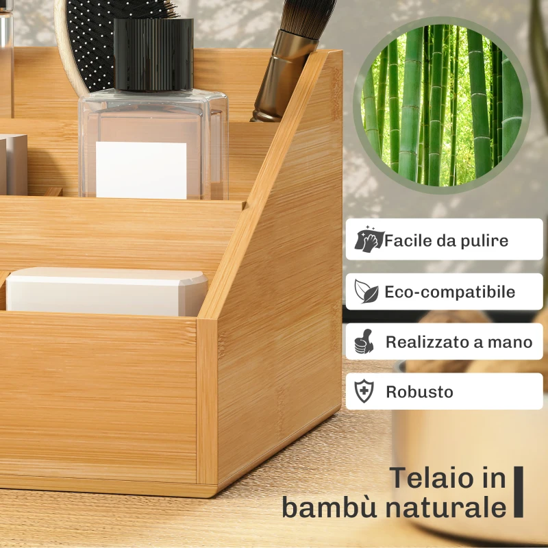 HOMCOM Organizer da Scrivania in Bambù con 2 Cassetti e 7 Scomparti Portaoggetti, 33x20.5x15.5 cm