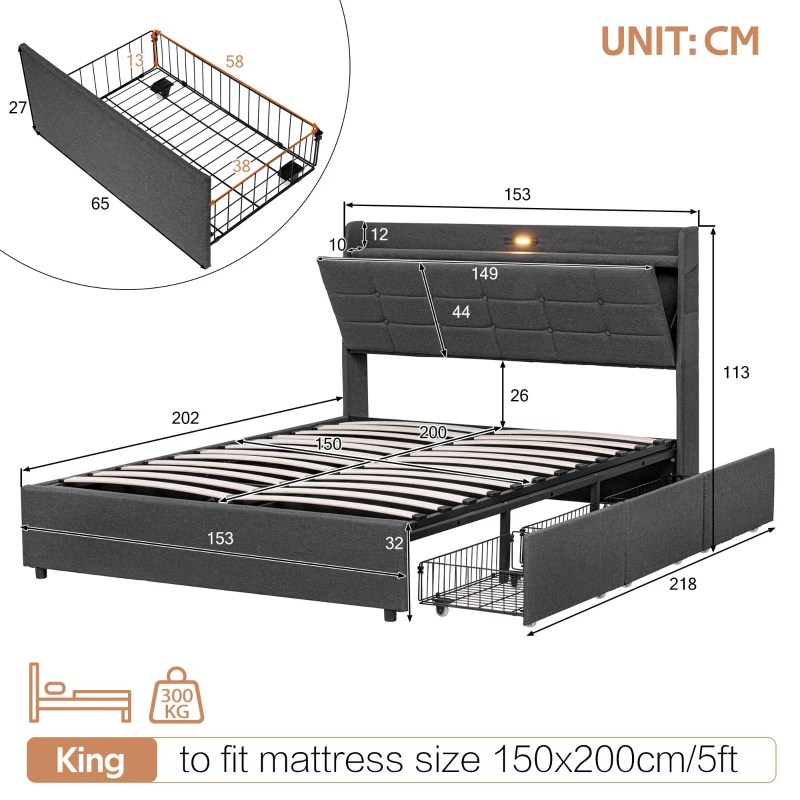 King Bed Frame with Hydraulic Storage and LED Night Light, Linen Upholstered Bed Ideal for Modern Elegance, 202L x 153W x 113H cm, Grey