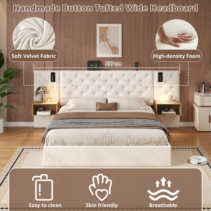 King Bed Frame with Charging Station and Reading Light, Upholstered Bed with Button Tufted Headboard, 207L x 237W x 108H cm, Beige