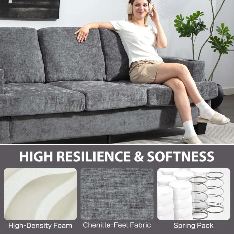 HOMCOM 3 Seater Sofa with USB Ports & Cup Holders - Grey