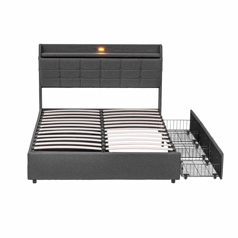 King Bed Frame with Hydraulic Storage and LED Night Light, Linen Upholstered Bed Ideal for Modern Elegance, 202L x 153W x 113H cm, Grey