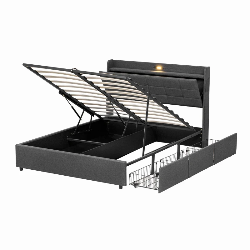 King Bed Frame with Hydraulic Storage and LED Night Light, Linen Upholstered Bed Ideal for Modern Elegance, 202L x 153W x 113H cm, Grey