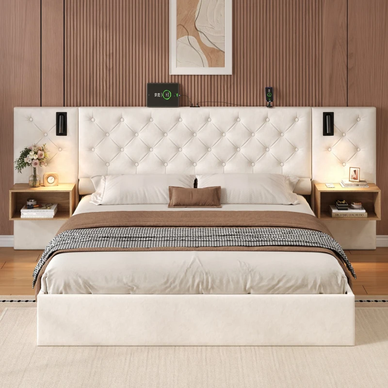 King Bed Frame with Charging Station and Reading Light, Upholstered Bed with Button Tufted Headboard, 207L x 237W x 108H cm, Beige