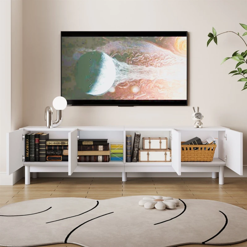 Elegant TV Cabinet with Curved Doors, Adjustable Shelves and Solid Wood Legs, TV Stand for Living Rooms, 169L x 34W x 45.5H cm, White