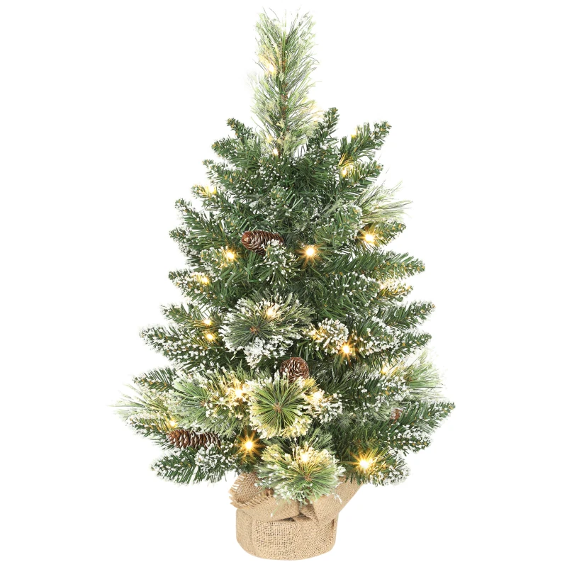 HOMCOM Mini Árbol de Navidad Artificial 60 cm con 35 Luces LED 64 Ramas Densas con Nieve Adornos y Base de Arpillera Verde