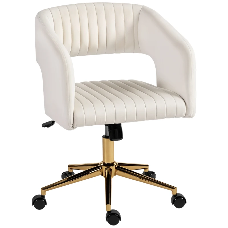 HOMCOM Chaise de Bureau Pivotante avec Revêtement en Velours, Fauteuil de Bureau Réglable en Hauteur, Fonction d'Inclinaison, Crème