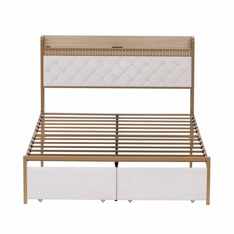 Double Bed Frame with Storage Drawers, RGB LED Headboard, Modern Bed Base for Living Rooms, 207L x 138W x 100H cm, Beige+Chrome