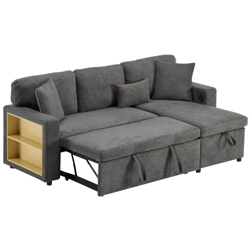 L-Shaped Corner Sofa Bed with Extendable Bed Box, Oxford Fabric Daybed with Integrated Shelf and USB Port, 214L x 131W x 87H cm, Dark Gray