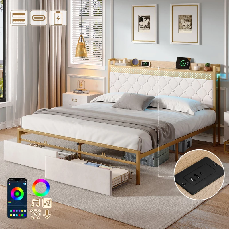 Double Bed Frame with Storage Drawers, RGB LED Headboard, Modern Bed Base for Living Rooms, 207L x 138W x 100H cm, Beige+Chrome