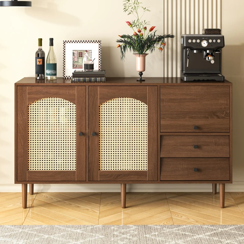 Country-Style Sideboard with Rattan Doors and Adjustable Shelves, Cabinet Ideal for Living Room and Hallway, 130L x 40W x 75.5H cm, Natural