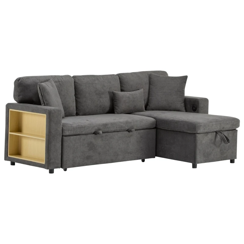 L-Shaped Corner Sofa Bed with Extendable Bed Box, Oxford Fabric Daybed with Integrated Shelf and USB Port, 214L x 131W x 87H cm, Dark Gray
