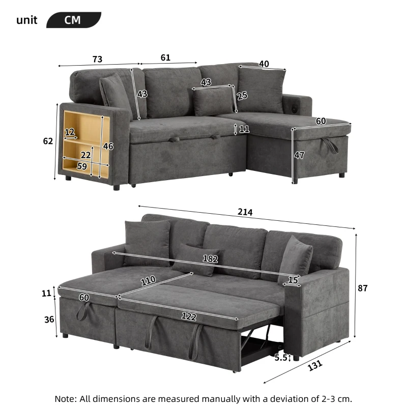 L-Shaped Corner Sofa Bed with Extendable Bed Box, Oxford Fabric Daybed with Integrated Shelf and USB Port, 214L x 131W x 87H cm, Dark Gray